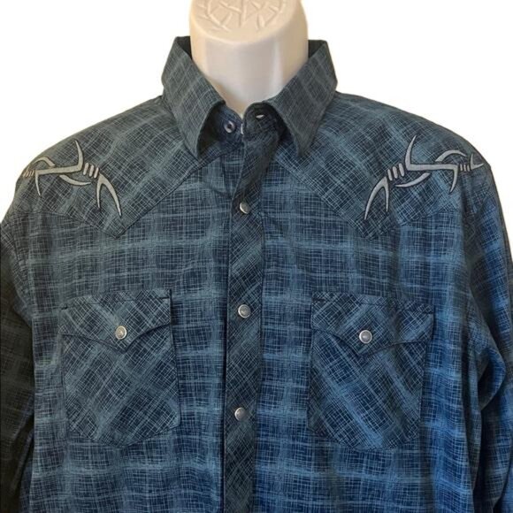 Rock 47 Wrangler Mens Pearl Snap Large LS Embroidered Blue Multi Western Shirt - Picture 2 of 4